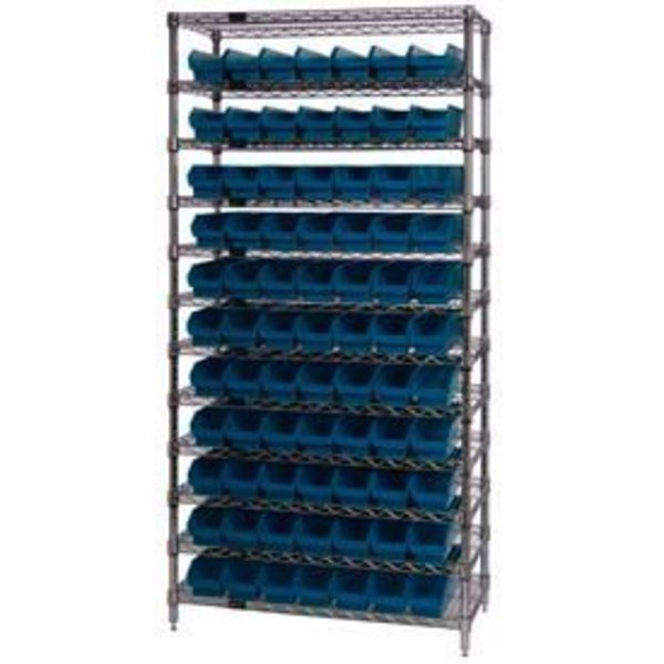 Global Equipment Chrome Wire Shelving with 77 4"H Plastic Shelf Bins Blue, 36x24x74 268976BL